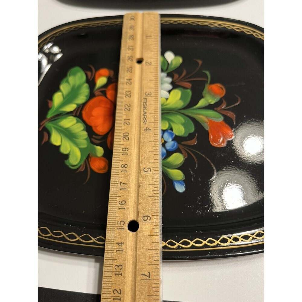 5 Vintage Zhostovo Soviet Russian Hand Painted Flowers Toleware Trays Yeha 8x6” - Picture 8 of 15
